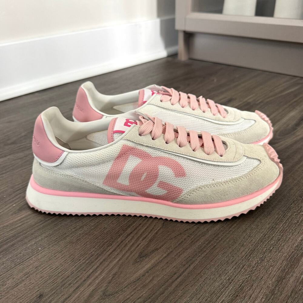 Dolce & Gabbana DG Bianco Rosa Pink Cushion Lace Tie Sneakers 40 White Logo Shoe
